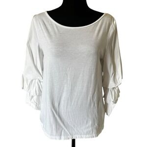 Hallhuber Womens White Tiered Ruffle Sleeve Cotton Top Size L‎ Scoop Neck